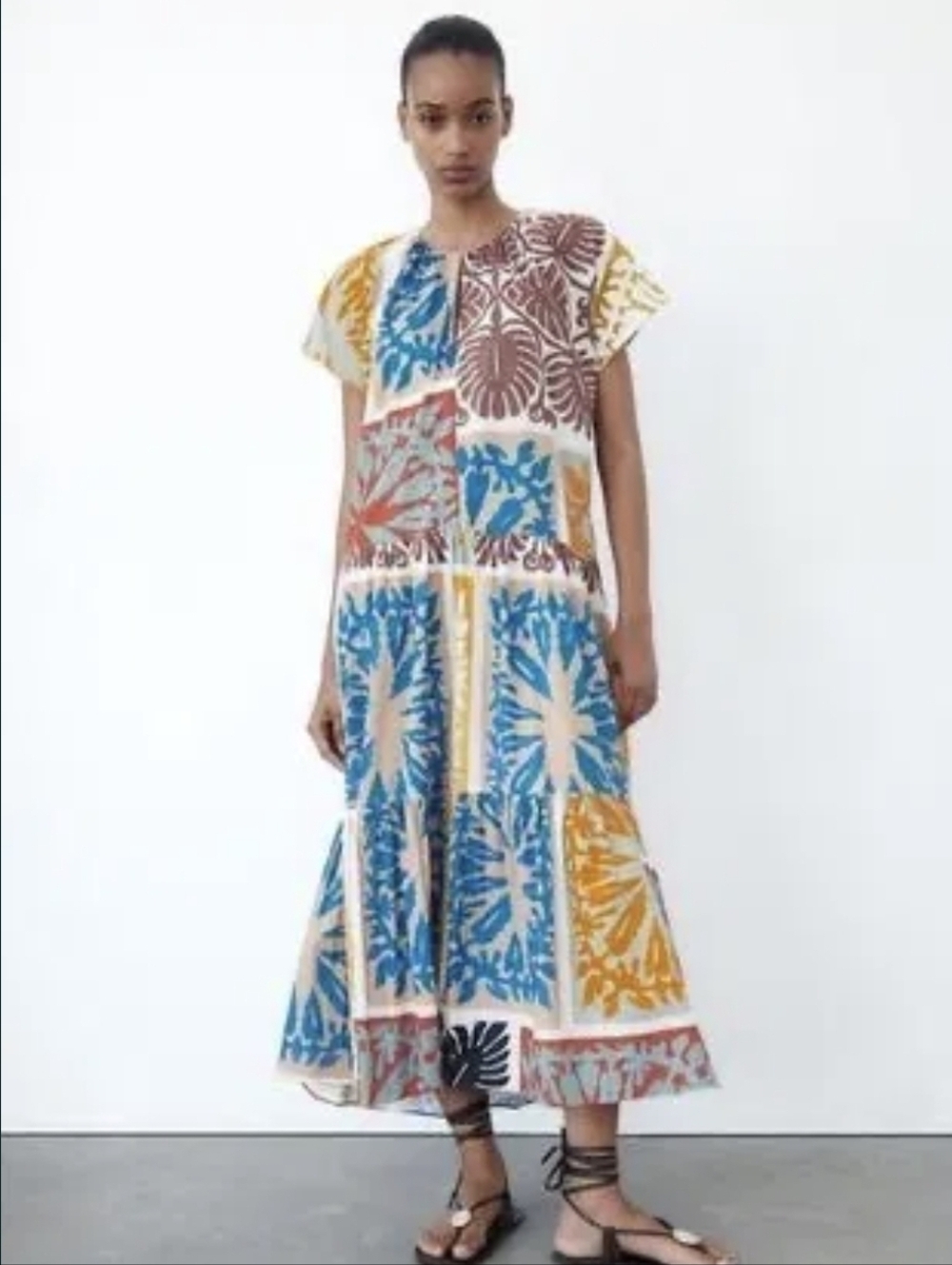 Zara Maxi Dress Patchwork Floral Print Dress in Blue/Black/Yellow XS-M